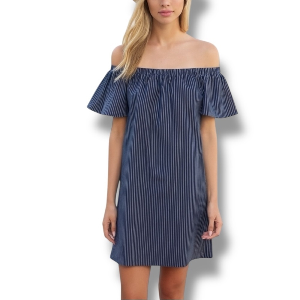 Banana Republic Navy Blue White Striped Off Shoulder Mini Dress - Large